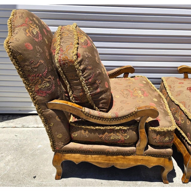 French Bergère Armchairs Chinoiserie Fabric Down Cushions by Classics Furniture For Sale - Image 14 of 15