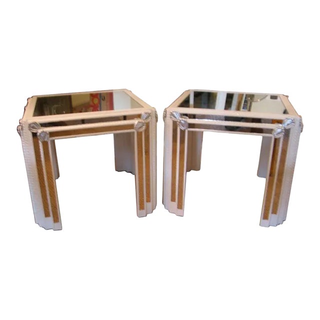 Vintage White Lacquered Mirrored and Silver Leaf End or Side Tables Pair Of For Sale