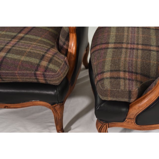 New Ralph Lauren Plaid Tartan Wool and Leather on Vintage Louis XV-Style Versailles Library Chairs - 2 Pieces For Sale - Image 13 of 18