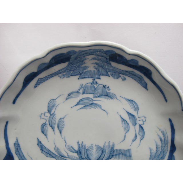 Japanese Blue & White Sansu Sometsuke Mountain Landscape Village Plate Set of 3 For Sale - Image 4 of 11