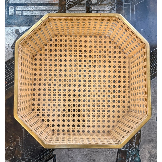 Large octagonal shaped Dior attributed tray. Lucite infused with Vienna straw or rattan caning. Brass banded top. Lovely...