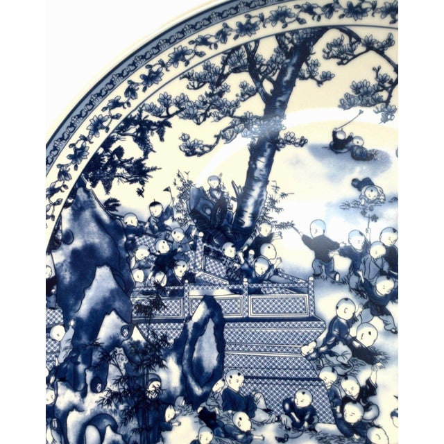 Late 20th Century Chinese Blue White Porcelain Hundred Boys Charger 14" Large Decorative Plate For Sale - Image 4 of 6