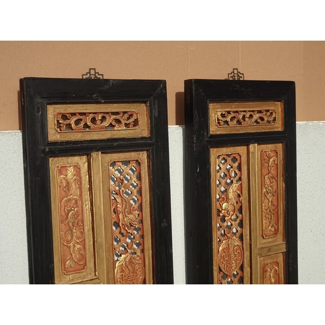 Pair Antique Chinese Hand Carved Gold & Red Panel Screens Pictures Wall Decor For Sale In Los Angeles - Image 6 of 18