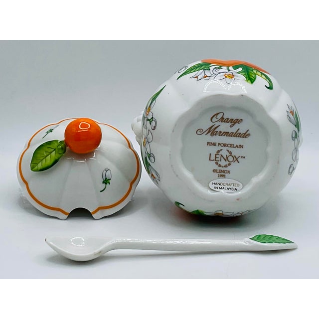 1980s Lenox “Orchard” Porcelain Jam & Jelly Jar Set — 6 Jars With Lids, Spoons & Wooden Two-Tier Caddy For Sale - Image 13 of 17