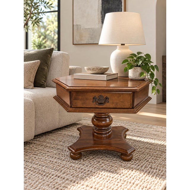 Ethan Allen solid maple pedestal table with a handy drawer.