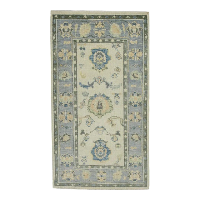 Turkish Oushak Rug Blue Green Floral Handwoven Rug 2'10" X 5'1" For Sale