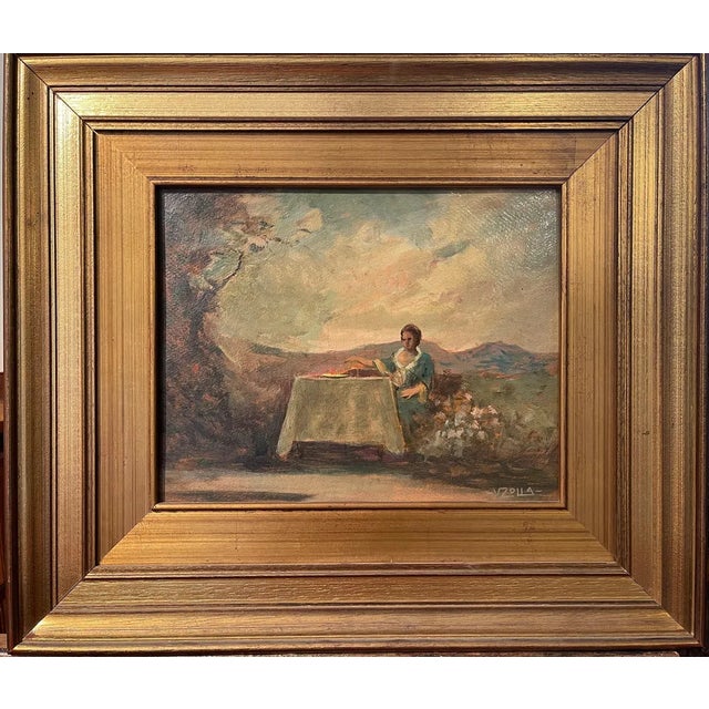 V. Zolla, Woman at the Table, 19th Century, Oil Painting on Cardboard For Sale