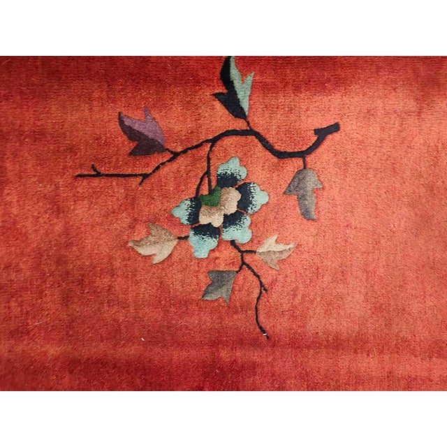 1920s 1920s Antique Red Floral Knotted Wool Chinese Art Deco Small Scatter Rug For Sale - Image 5 of 9
