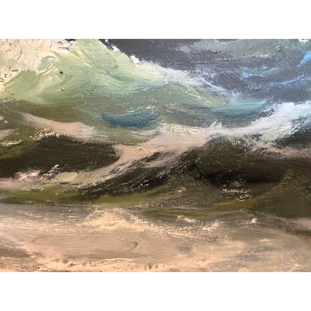 A dramatic original seascape oil painting on canvas, capturing powerful waves crashing against a rugged rocky shoreline...