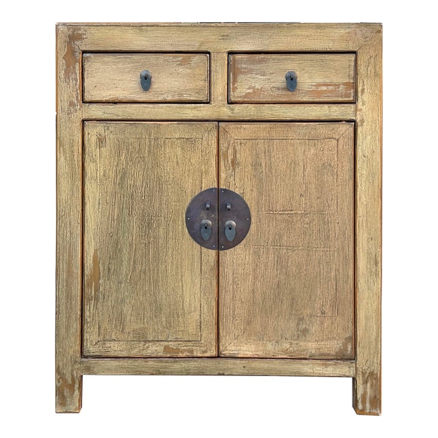 Distressed Mustard Yellow 2 Drawers Doors End Table Nightstand Cabinet For Sale