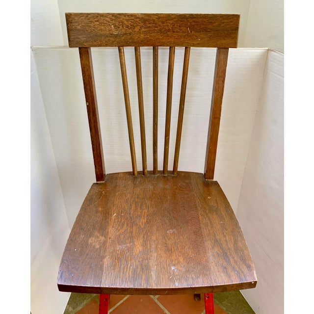 Mid-Century Modern Vintage Industrial Oak Wood and Red Steel Stool For Sale - Image 3 of 12