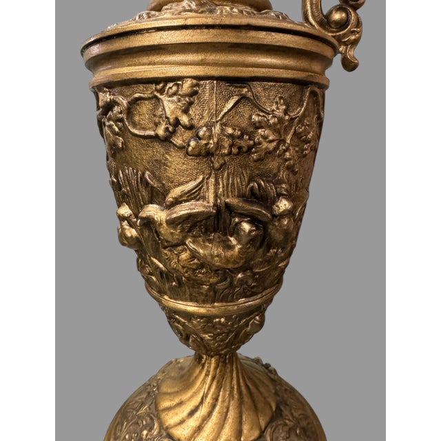 Early 20th Century Ornate Cast Metal 16" Figural Handled Ewer Urn With Deer & Ducks For Sale - Image 6 of 9