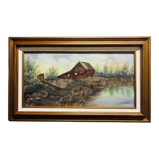Signed Cooper Rustic Barn Landscape Oil Painting in Wood Frame For Sale