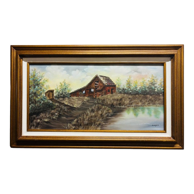 Signed Cooper Rustic Barn Landscape Oil Painting in Wood Frame For Sale