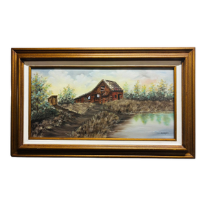 Signed Cooper Rustic Barn Landscape Oil Painting in Wood Frame