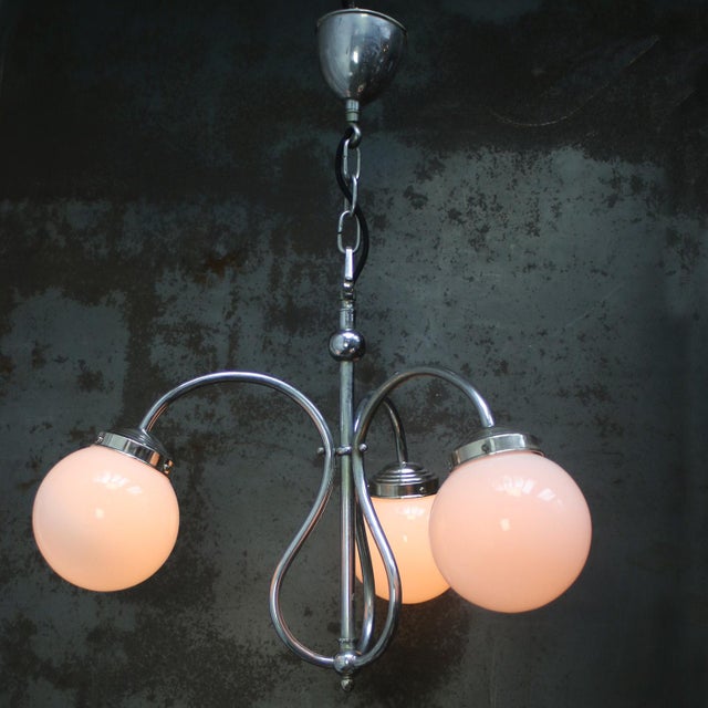 French Art Deco Nickel-plated brass pendant with 3 opal glass globes Diameter glass globes 150 mm 3x E27/E26 Diameter...