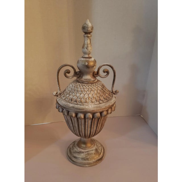 Ceramic Vintage Vase/Urn With Distressed Weathered Finish and Metal Scroll Design For Sale - Image 7 of 7