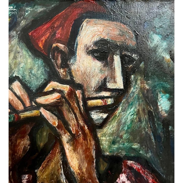 Textile Boris Deutsch, 1947 Expressionist Oil Painting Flute Player Musician Boris Deutsch WPA Artist, 1947, Framed For Sale - Image 7 of 11
