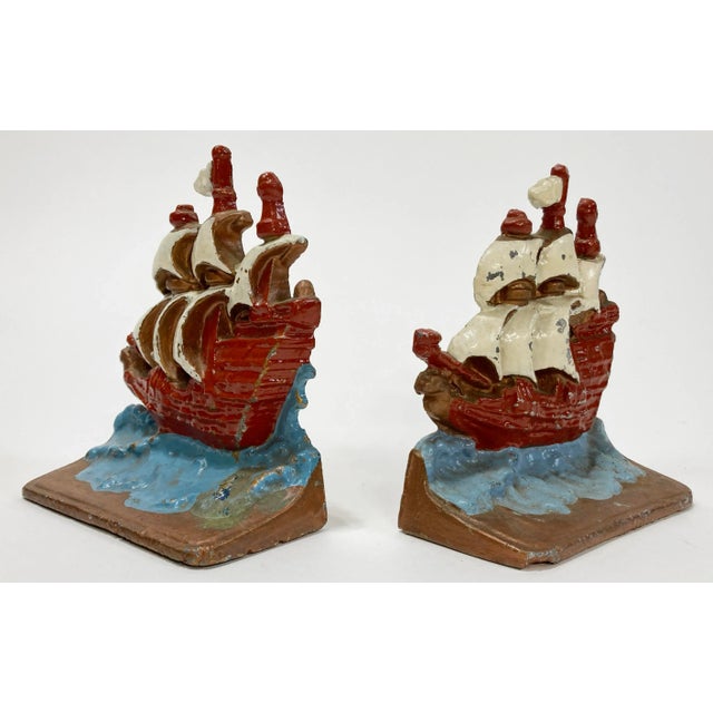 Nautical Vintage Colorful Cast Aluminum Ship Motif Bookend Pair For Sale - Image 3 of 6
