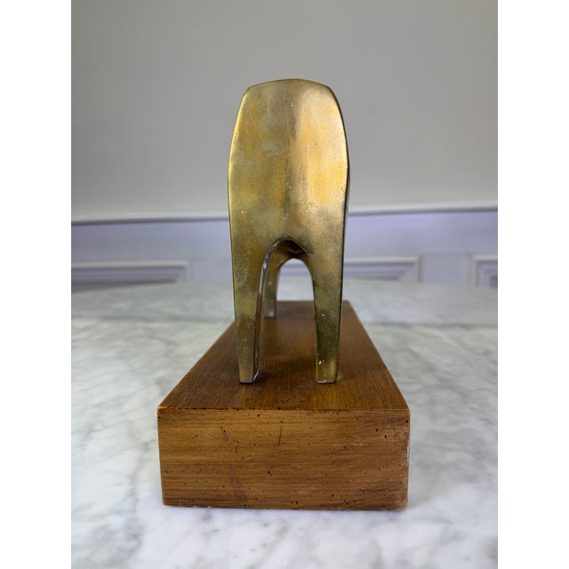 Wood Vintage Mid-Century Modernist Solid Brass Bull Sculpture on Walnut Base For Sale - Image 7 of 8