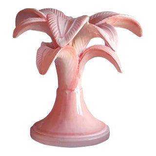 Les Ottomans Handpainted Ceramic Palm Tree Candlestick Holder in Pink, Small For Sale