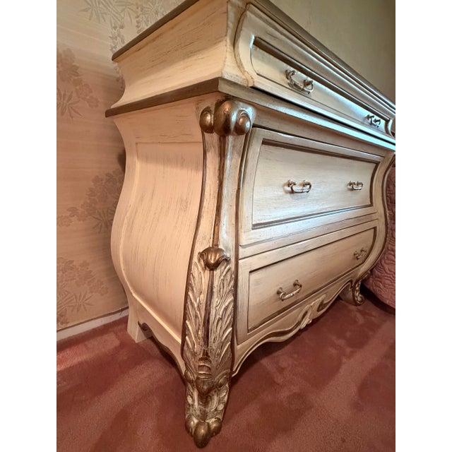 Vintage French Provincial Bombe Dresser in Antiqued Ivory Finish For Sale - Image 4 of 11