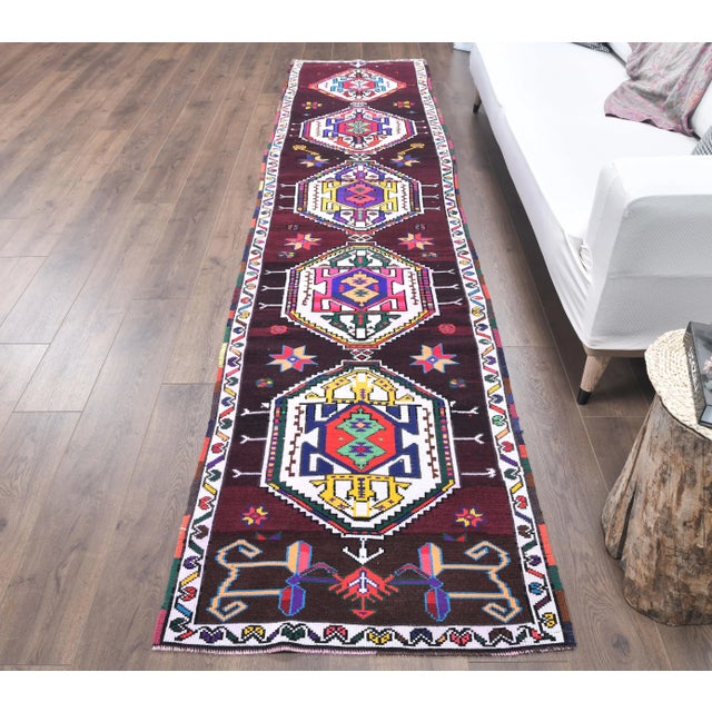 Turkish Vintage Pink Geometric Turkish Hand-Knotted Runner For Sale - Image 3 of 9