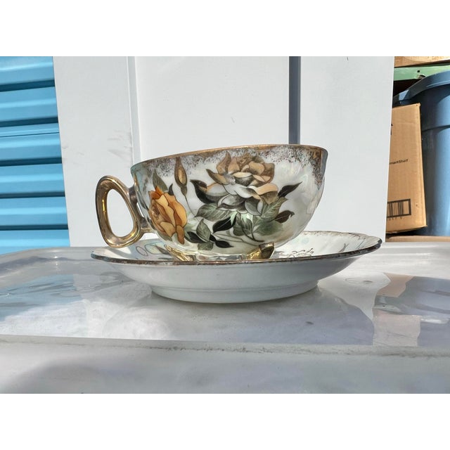 Early 20th Century Vintage Iridescent Lusterware 3 Footed Floral Teacup & Saucer For Sale - Image 5 of 11