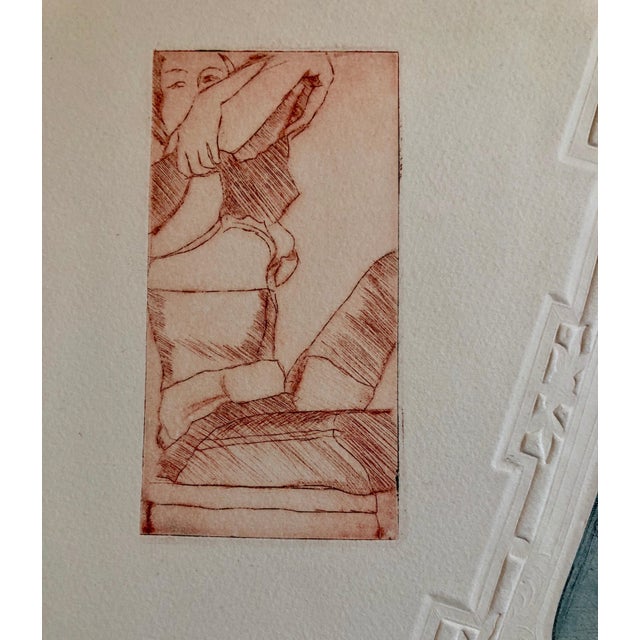 Etching and Aquatint with embossing featuring a clock, the colonel, a nude woman undressing and a figure. This is numbered...