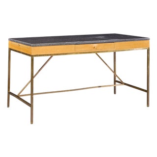Paul McCobb for Calvin Mid Century Bleached Mahogany, Brass and Marble Top Desk For Sale
