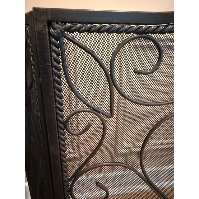 French Country Large Wrought Iron Three-Panel Trifold Fireplace Screen With Scrollwork & Twisted Rope Border For Sale - Image 3 of 8