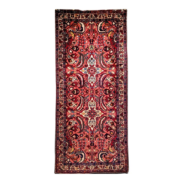 Vintage Persian Lilian Rug, Handknotted Wool, Geometric Pattern, Red & Ivory, 3x7 For Sale