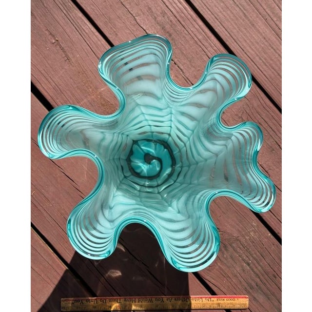 Turquoise Royal Gallery Turquoise Hand Blown Opalescent Art Glass Handkerchief Vase Poland For Sale - Image 8 of 10