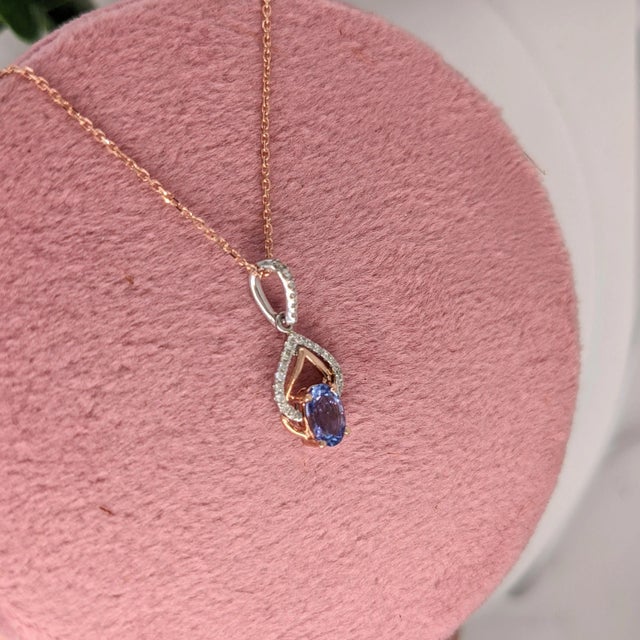 Tanzanite Pendant with Earth Mined Diamonds in Solid 14K Dual Tone Gold Oval 6x4mm For Sale - Image 4 of 5