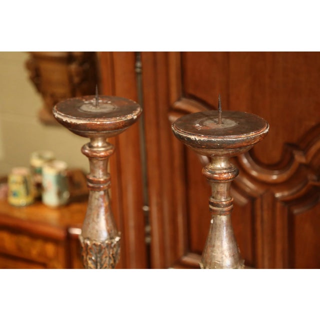 Pair of 19th Century Italian Carved Silver Leaf Pricket Candlesticks For Sale - Image 9 of 11