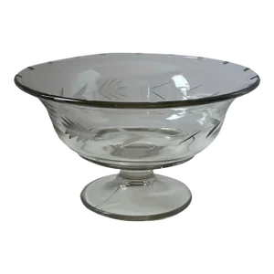 Vintage Mid Century Etched Glass Pedestal Compote With Laurel Leaf Motif