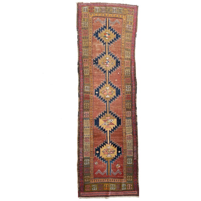 Geometric Runner in Clays, Saffron & Deep Indigo 3.7 x 11 For Sale - Image 13 of 13