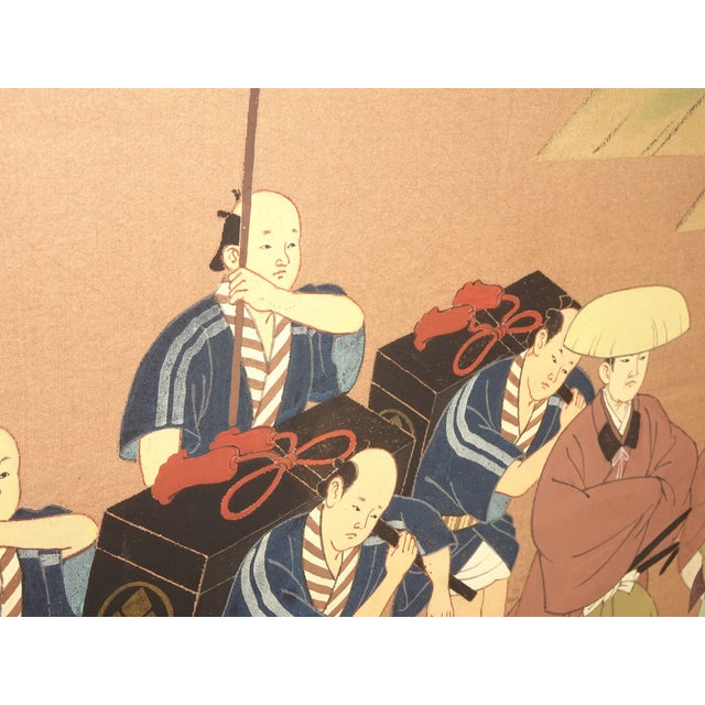 Vintage Japanese Byobu Four Panel Folding Screen Picture Caravan of Men Signed For Sale - Image 12 of 18