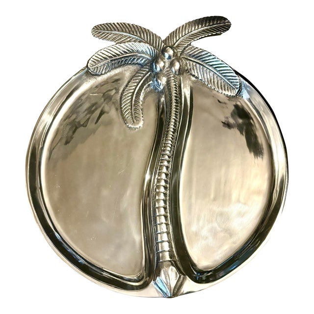 Vintage 1970s Old Town Imports Large Palm Tree Aluminium Platter for Coastal Seaside Decor For Sale