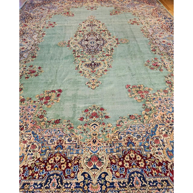 Celadon Vintage Oversized Persian Kerman Rug, Hand-Knotted Wool, Floral Pattern, Pale Green & Red, 12x16 For Sale - Image 8 of 15