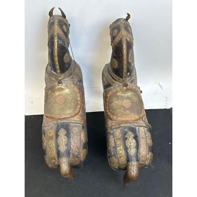 Mid 20th Century Pair of Antique Hand Carved Marwari War Horse Sculptures Pair Indian Wood Brass Copper For Sale - Image 5 of 14