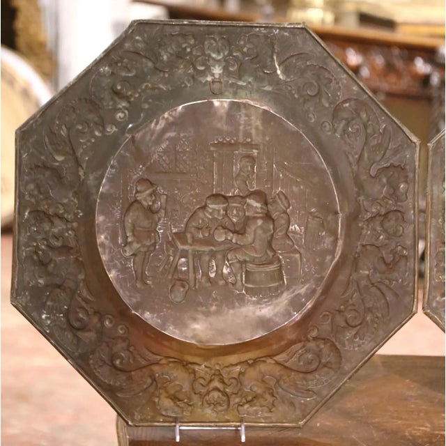 Pair of 19th Century French Repoussé Copper Tavern Scene Wall Chargers For Sale - Image 11 of 12