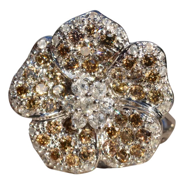 The Dallas: Signed Flower Ring set with Brown and White Diamonds For Sale