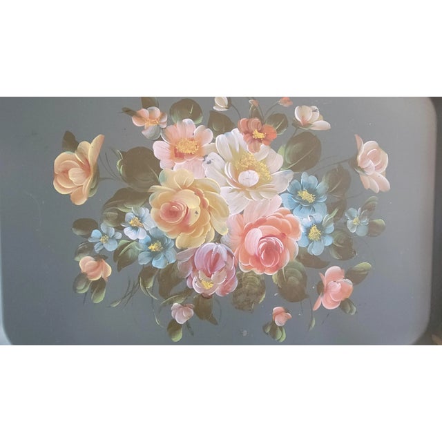 Traditional Vintage Hand Painted Olive Metal Tray For Sale - Image 3 of 12