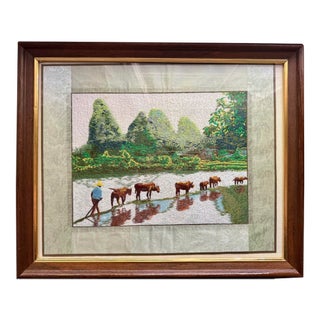 Vintage Vietnamese Silk Hand Embroidery, River Landscape With Water Buffalo & Farmer, Framed For Sale