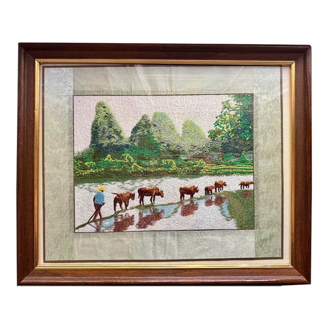 Vintage Vietnamese Silk Hand Embroidery, River Landscape With Water Buffalo & Farmer, Framed For Sale