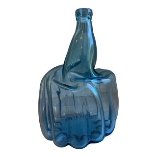 Vintage Sculptural Aqua Blue Glass Demijohn Bottle Large MCM Style Art Glass Vase For Sale