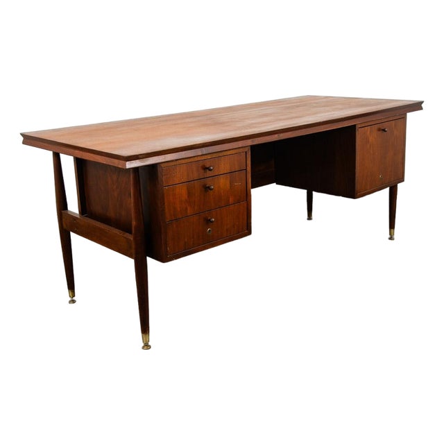1960s Mid Century Modern Desk Office Executive Walnut Cane Back 4 Drawers File MCM 60s For Sale
