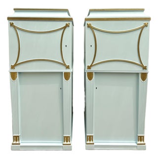 Pair of Antique Neoclassical Pedestal Cabinets in Robin’s Egg Blue With Gilt Trim, Refinished For Sale