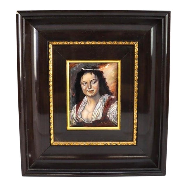 1940s French Limoges Enameled Copper Recreation of Frans Hals Painting, the Gypsy Girl For Sale